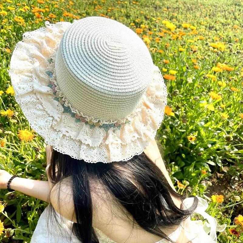 French Lolita Lace Flower Sun Hat With Wide Brim For Summer Beach Outdoor Wear