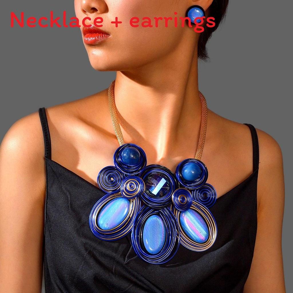 Geometric Exaggerated Crystal Jewelry Set With Alloy Necklace Earrings For Style Youth