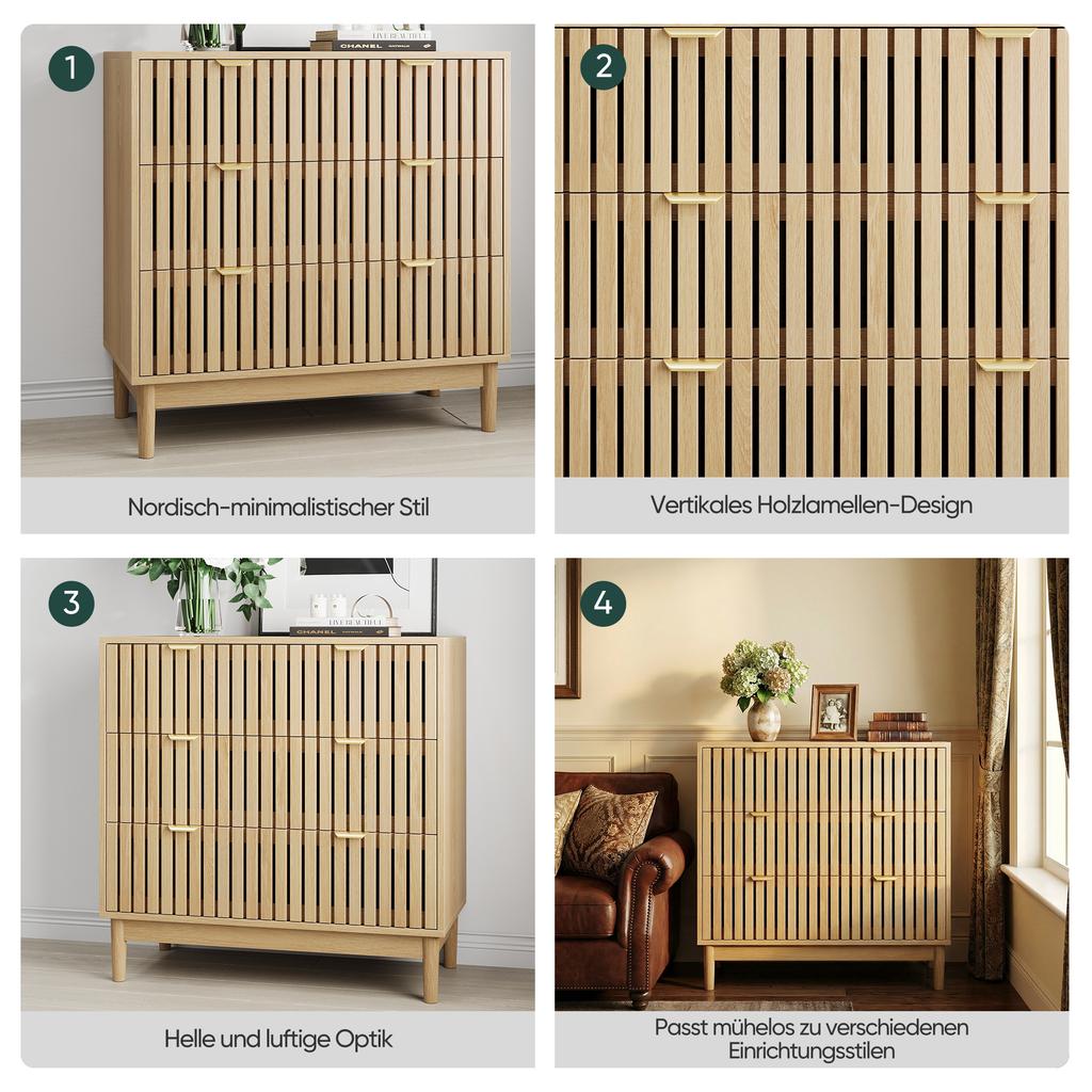 Modern Chest of Drawers in Medieval Country House Style with Three Drawers, Suitable for Living Room, Bedroom, Hallway, Oak Color.