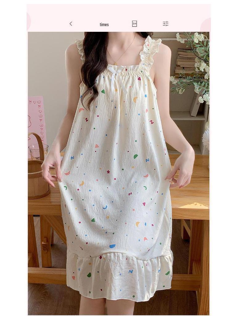 2026 Summer Women's Cartoon Padded Strappy Loose Nightgown Dress Pajamas - Sweet Outdoor Style