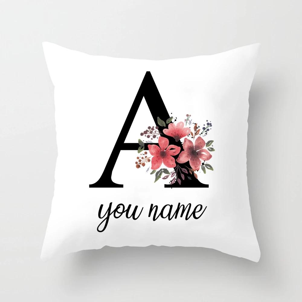 Personalized Name Flower Letter Pillow Case Alphabet Print White Square Pillow Case Dust Cover Bedroom Party Decoration