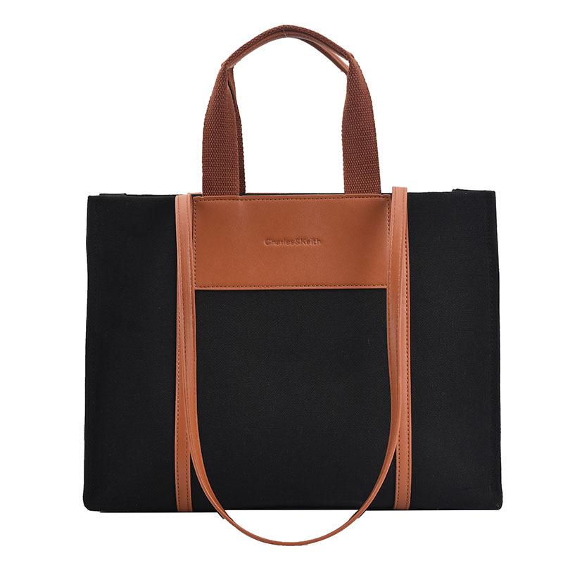 Canvas Bag Women's New Splicing Commuter Shoulder Bag Fashionable Simple Large-capacity Bag