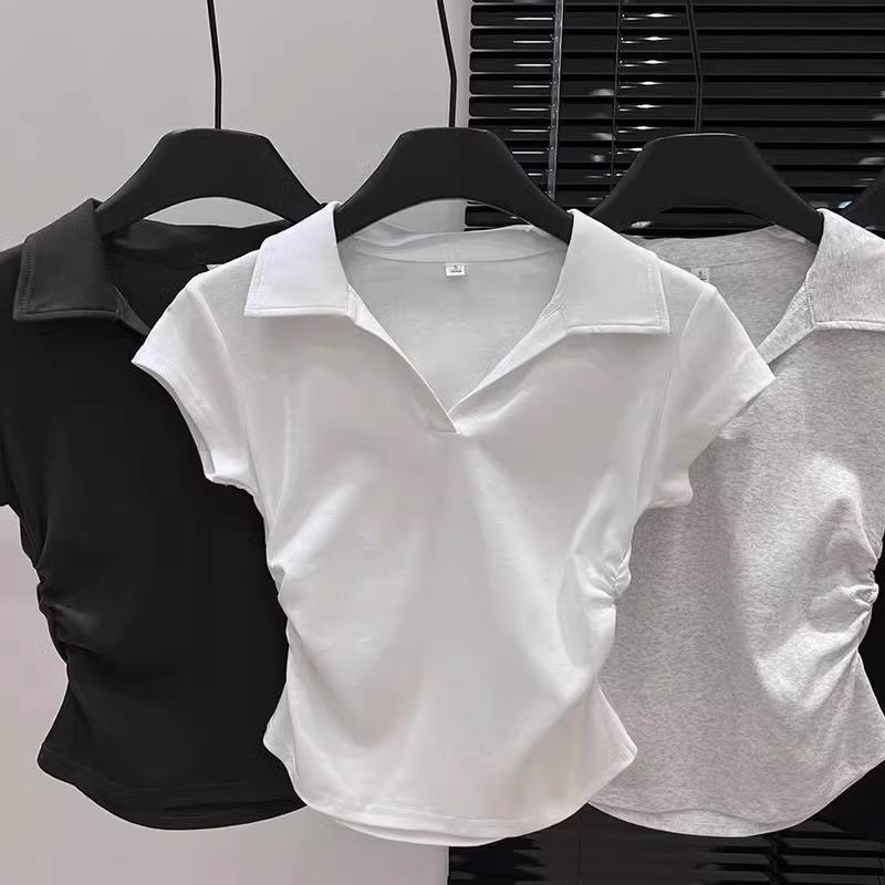 Design waist polo collar front shoulder short-sleeved women's top summer American Spice Girl v-neck slim-fit pleated gray t-shirt