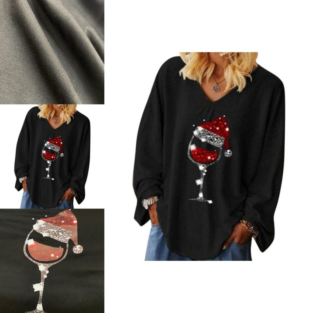 Stylish Womens Christmas Wine Glass Tee T-shirt V-neck Long Sleeve Blouse Tops