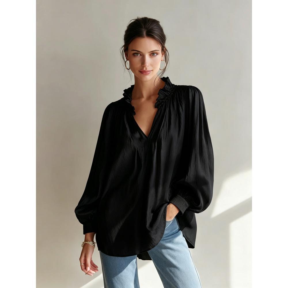 New Arrival Women’s V-neck Ruffled Long-sleeved Loose-fit Casual Shirt Top