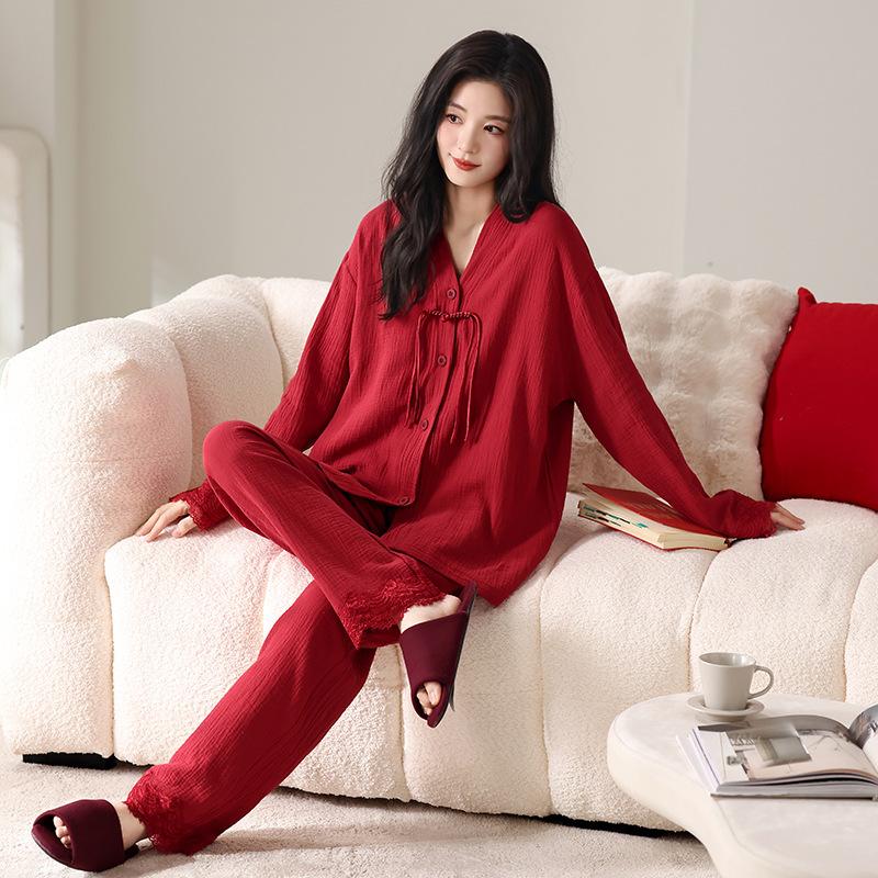 Couple pajamas women's spring and autumn pure cotton long-sleeved suit men's autumn and winter wedding red natal year loungewear