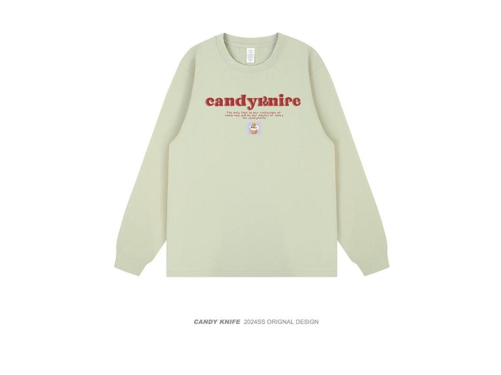 Trendy Retro Hong Kong Style Letter Print Unisex Loose Cuffed Sleeve Cotton Long Sleeve Tee
