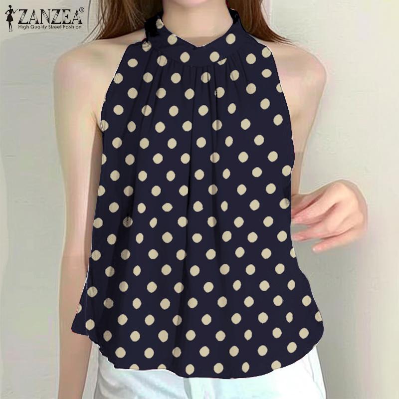 ZANZEA Damskie codzienne letnie topy bez rękawów z okrągłym dekoltem i nadrukiem