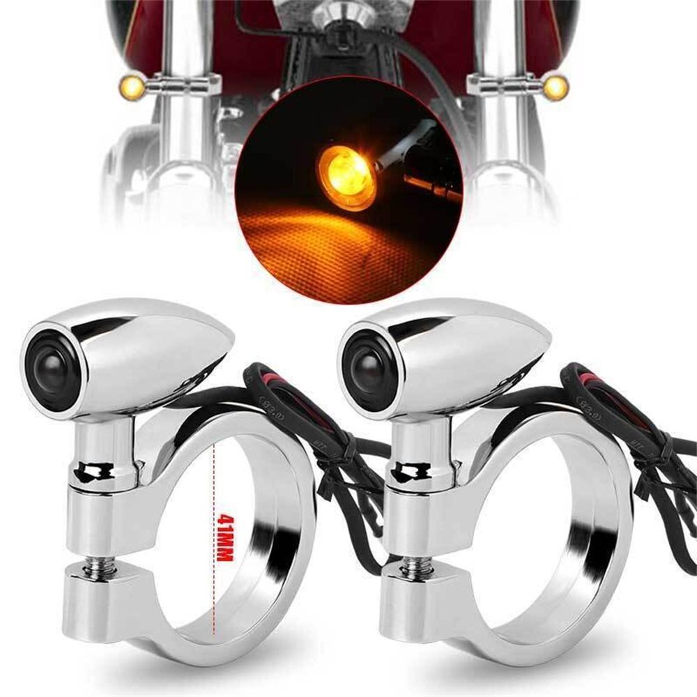 2Pcs Chrome Motorcycle LED Turn Signal Lights 41mm Fork Clamp Blinker Amber Indicator