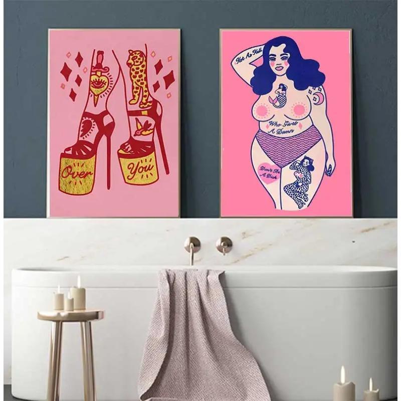 Mermaid Retro Wall Art, Nordic Nude Woman Poster, Printed Images, Living Room, Home Decoration, Oil Painting, Pink, Leopard