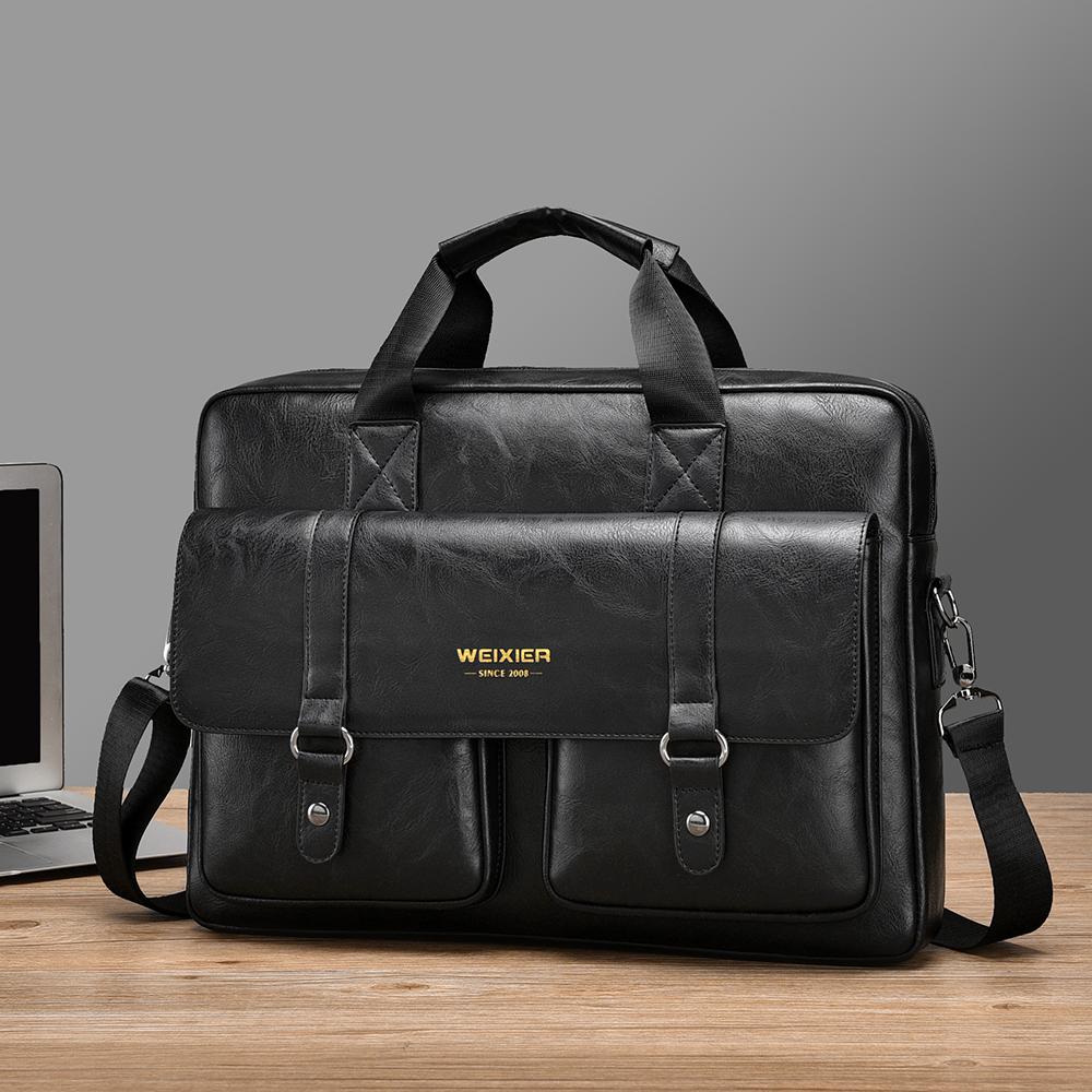 WEIXIER Men's Leather Briefcase 15.6 Inch Laptop Computer Bag Large Satchel Messenger Crossbody Shoulder Bag for Office Business Adjustable Strap