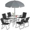 8-Piece Garden Set with Parasol, 6 Folding Chairs and Tempered Glass Outdoor Table, Black