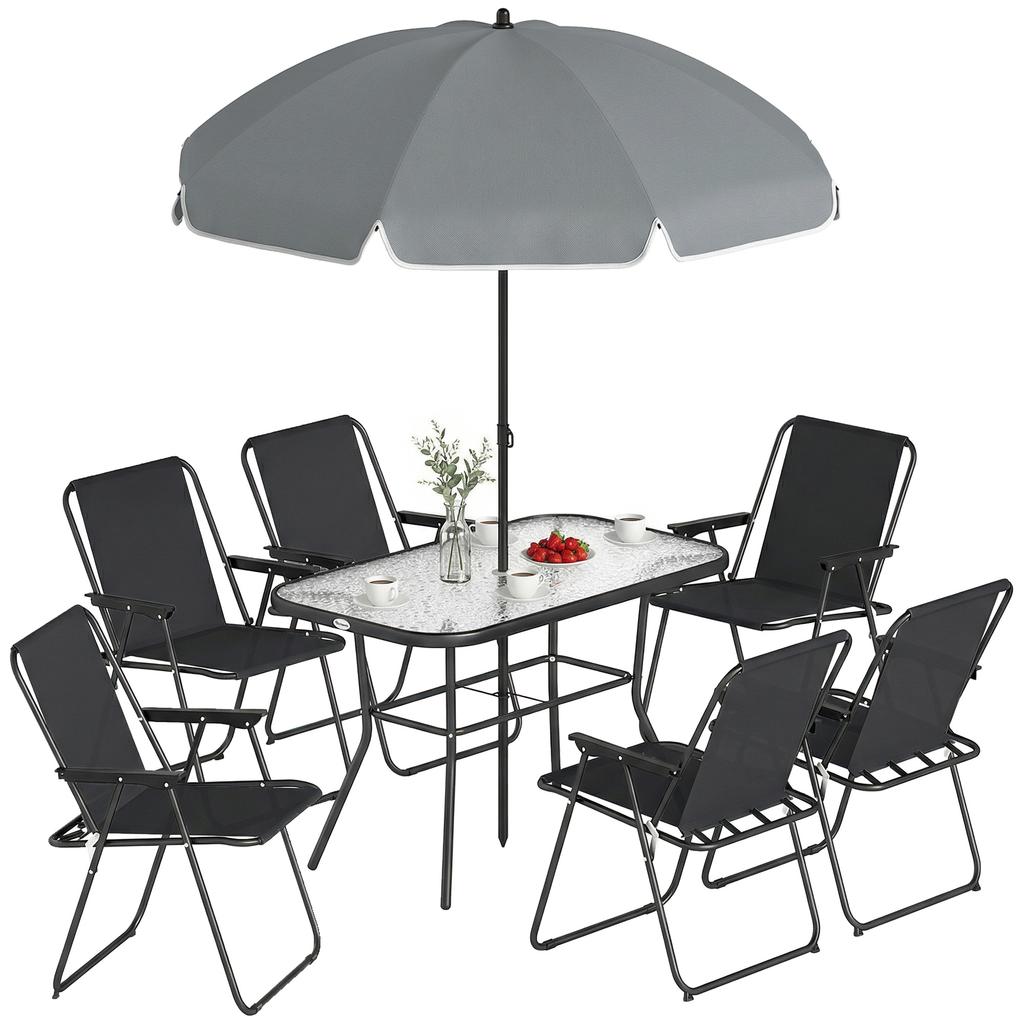8-Piece Garden Set with Parasol, 6 Folding Chairs and Tempered Glass Outdoor Table, Black