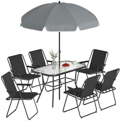 8-Piece Garden Set with Parasol, 6 Folding Chairs and Tempered Glass Outdoor Table, Black