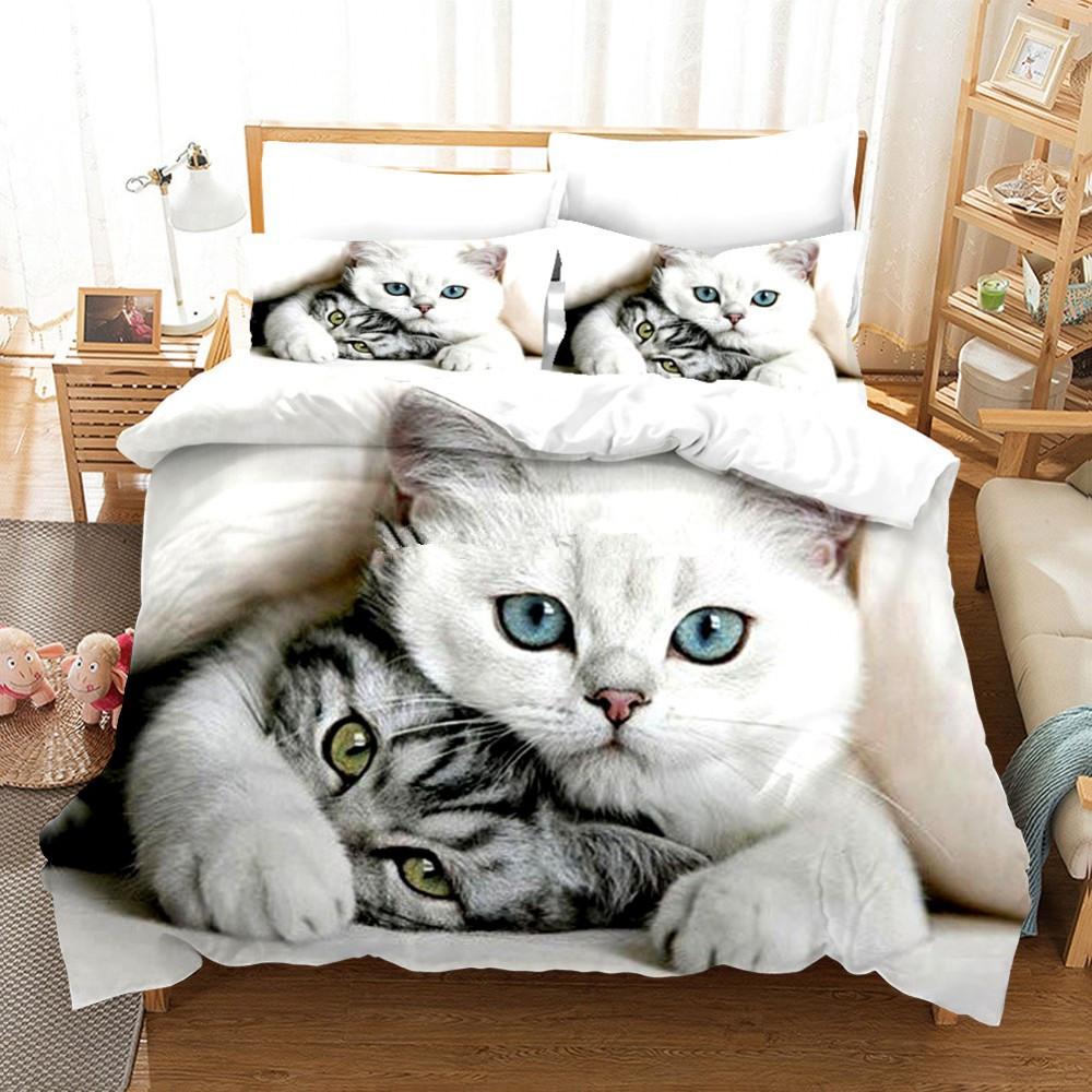 Cute Cat Duvet Cover Set King Queen Size Kawaii Animals Bedding Set For Kids Teens Polyester Comforter Cover With Pillowcase
