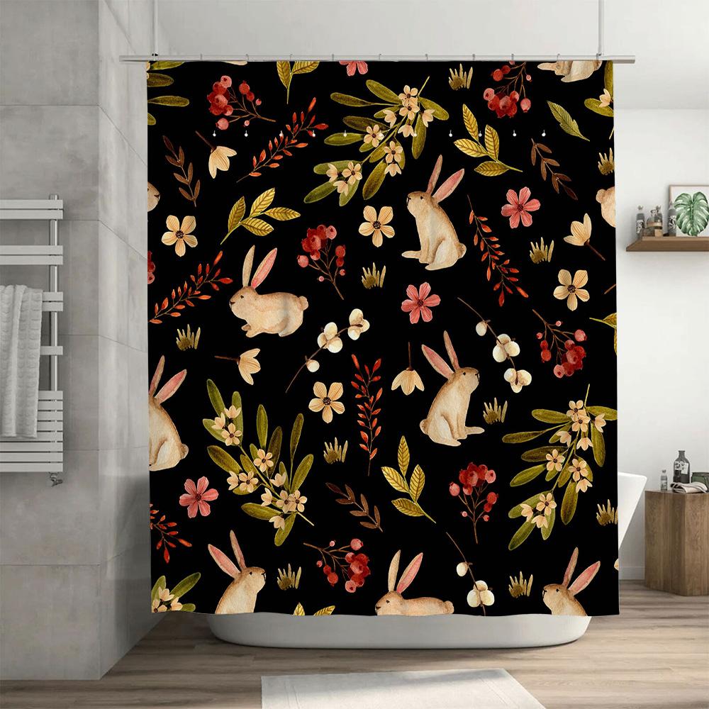 Animal Floral Shower Curtain: Watercolor Rabbit Flower Bath Decoration For Bathroom Decor Black Background With Pink Yellow Gree