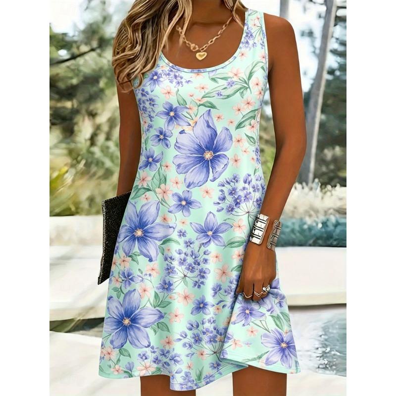 Women's Round Neck Sleeveless Watercolor Floral Print Casual A-Line Mini Dress, Elegant Tank Dresses for Spring Summer