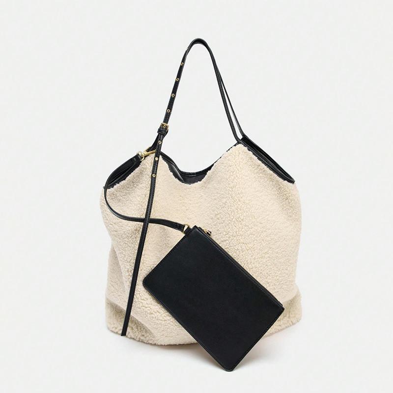 

Brand Fashion Faux Lamb Shoulder Bag For Women Large Reversible Shopping Bag High-quality Commuter Handbag With Card Holder бежевый