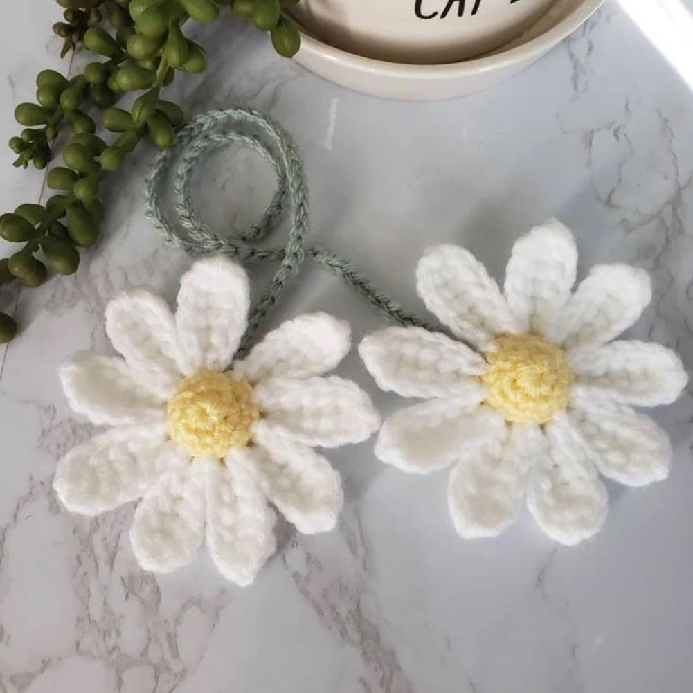 Cute Handmade Flower Knitted Pendant Car Rear View Mirror Decor Hanging Crochet  Bag Key Pendant Women Girl Gift