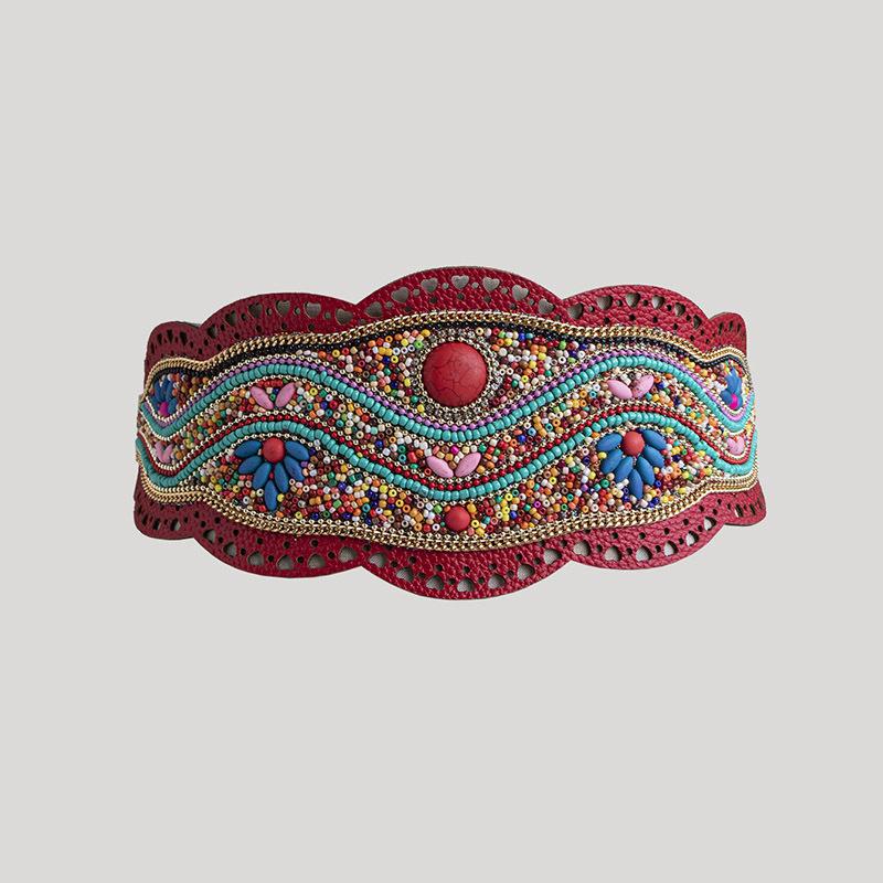 Boho Style Heavy Industry Turquoise Hollow Ethnic Style Pattern Elastic Ethnic Style Yunnan Travel Photo Elastic Tight Women's Waist Seal