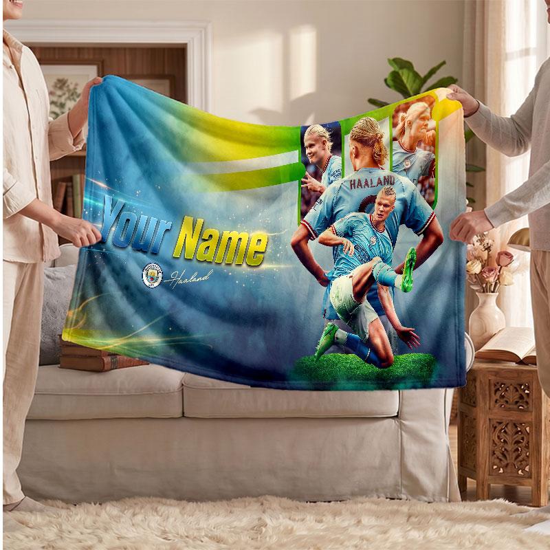 Erling Haaland Personalized Fleece Blanket With Football Logo, Custom Name Text Soft Warm Home Throw Blanket