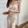 Women Summer Maxi Dress Side Split Elastic Bust Sleeveless Flower Print Ruffle Dress-up Patchwork Backless Women Dating Dress Female Clothing