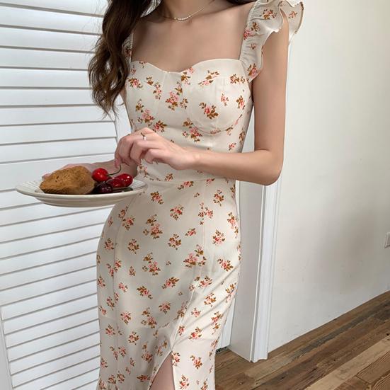 Women Summer Maxi Dress Side Split Elastic Bust Sleeveless Flower Print Ruffle Dress-up Patchwork Backless Women Dating Dress Female Clothing