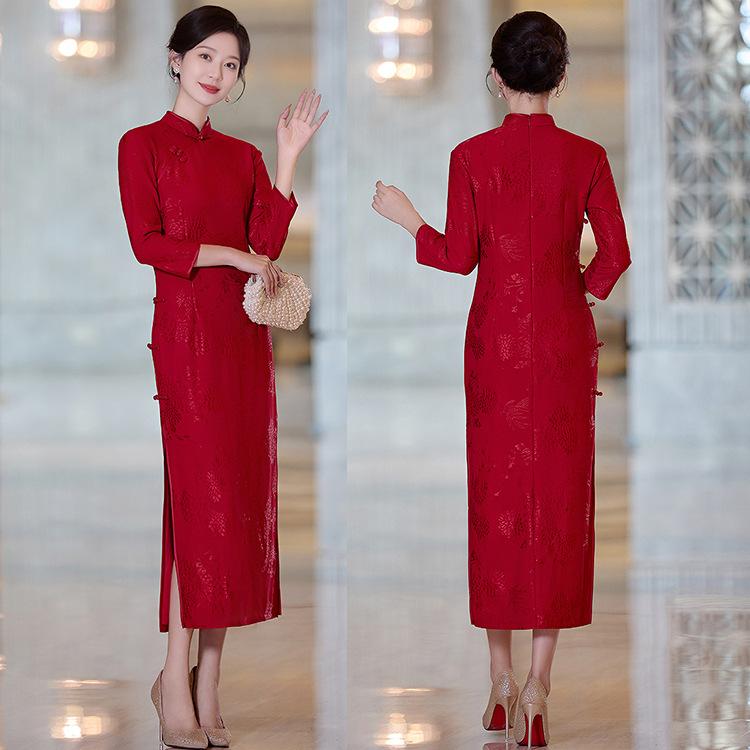 New Chinese long cheongsam 1011 autumn new dignified temperament women's red clothing, cheongsam skirt elegant retro dress