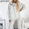 BITCED Women's Sportswear Hooded Sweatshirt with Thick Ribbed Slim-Fit Vest and Trousers Three-Piece Set