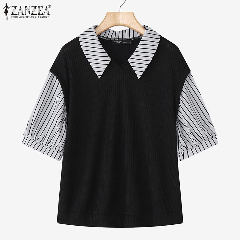 ZANZEA Women Casual Turn Down Collar Stripe Patchwork Half Sleeve Blouse