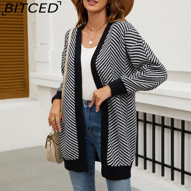 BITCED Oversized Long Cardigan Sweater for Women Autumn/Winter Lazy Style Striped Colour-Block Knit Cardigan