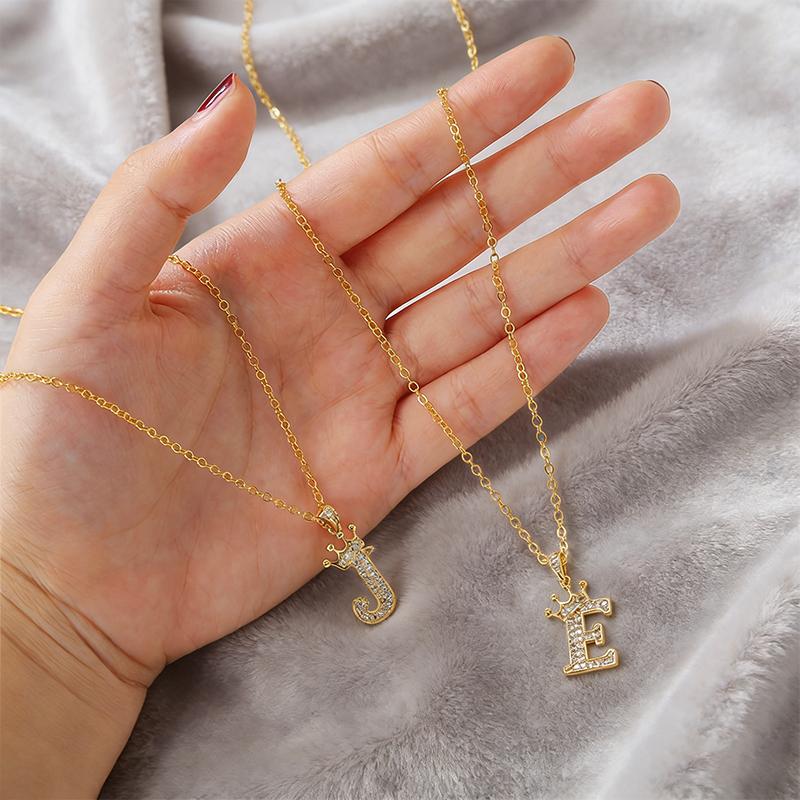 Fashion Cubic Zirconia Crown Letter Pendant Necklace Gold Hip Hop Punk Alphabet Jewelry