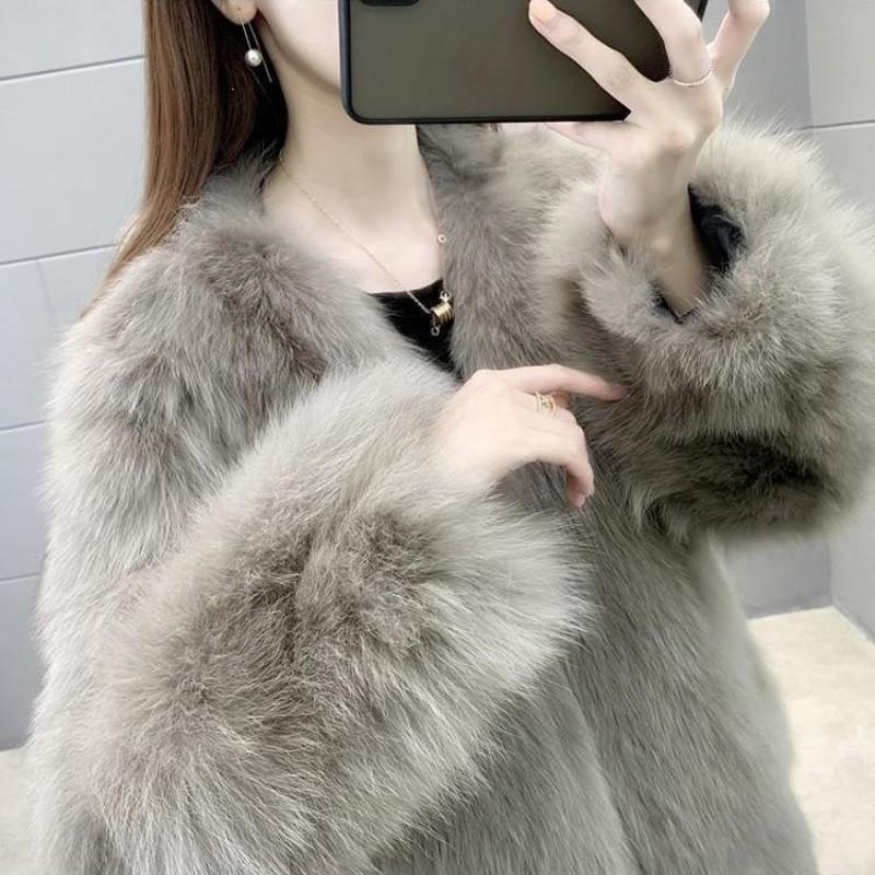 Womens Faux Fox Fur Coat Mid-Length V-Neck Slim Fit Winter Parka Rabbit Outerwear