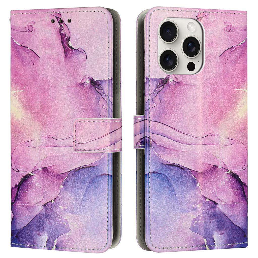 For iPhone 16 Pro Stand Case Marble Pattern PU Leather Wallet Phone Cover with Wrist Strap