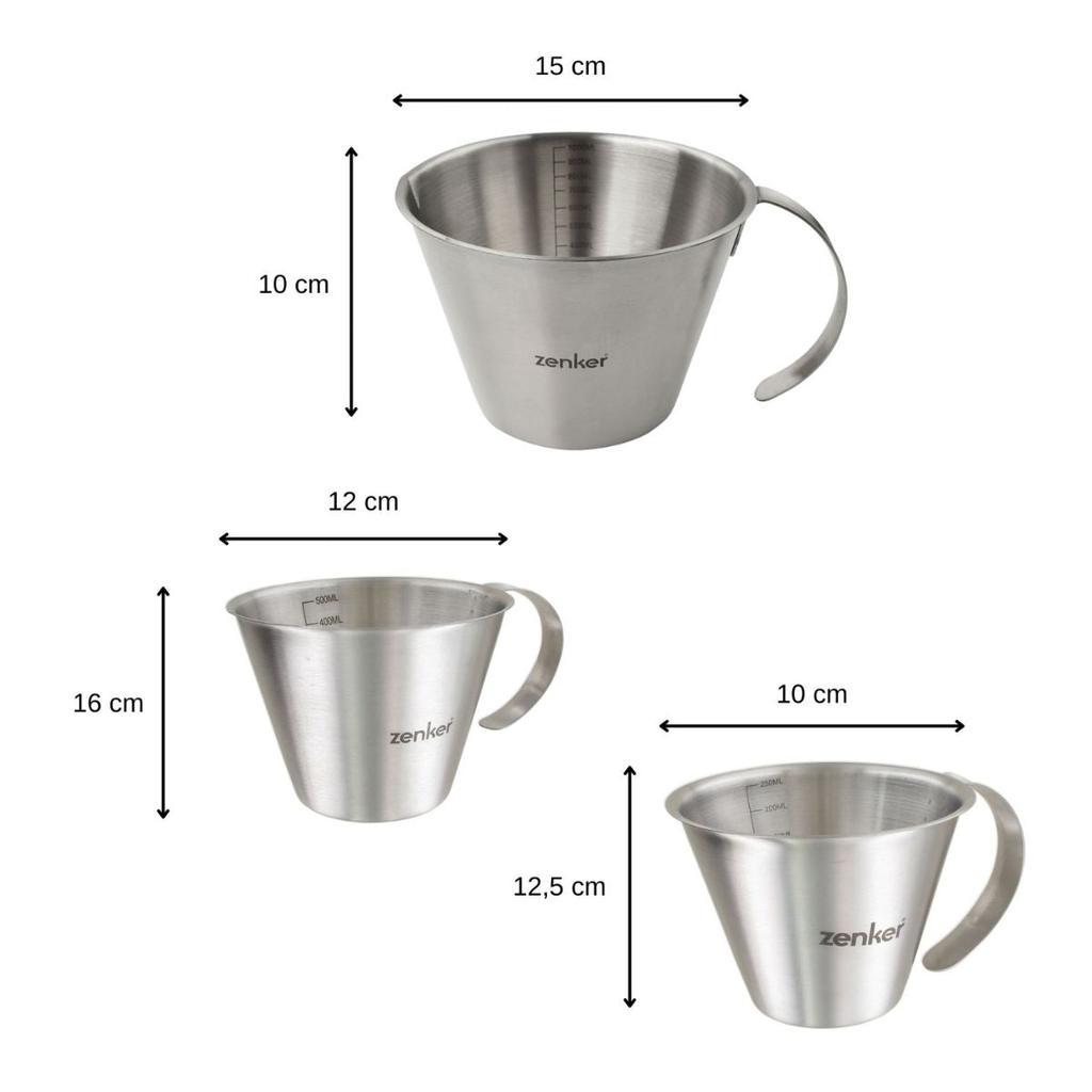 Set of 3 Graduated Measuring Cups In Stainless Steel 250 Ml, 500 Ml and 1 Liter Zenker Ref. 9983250