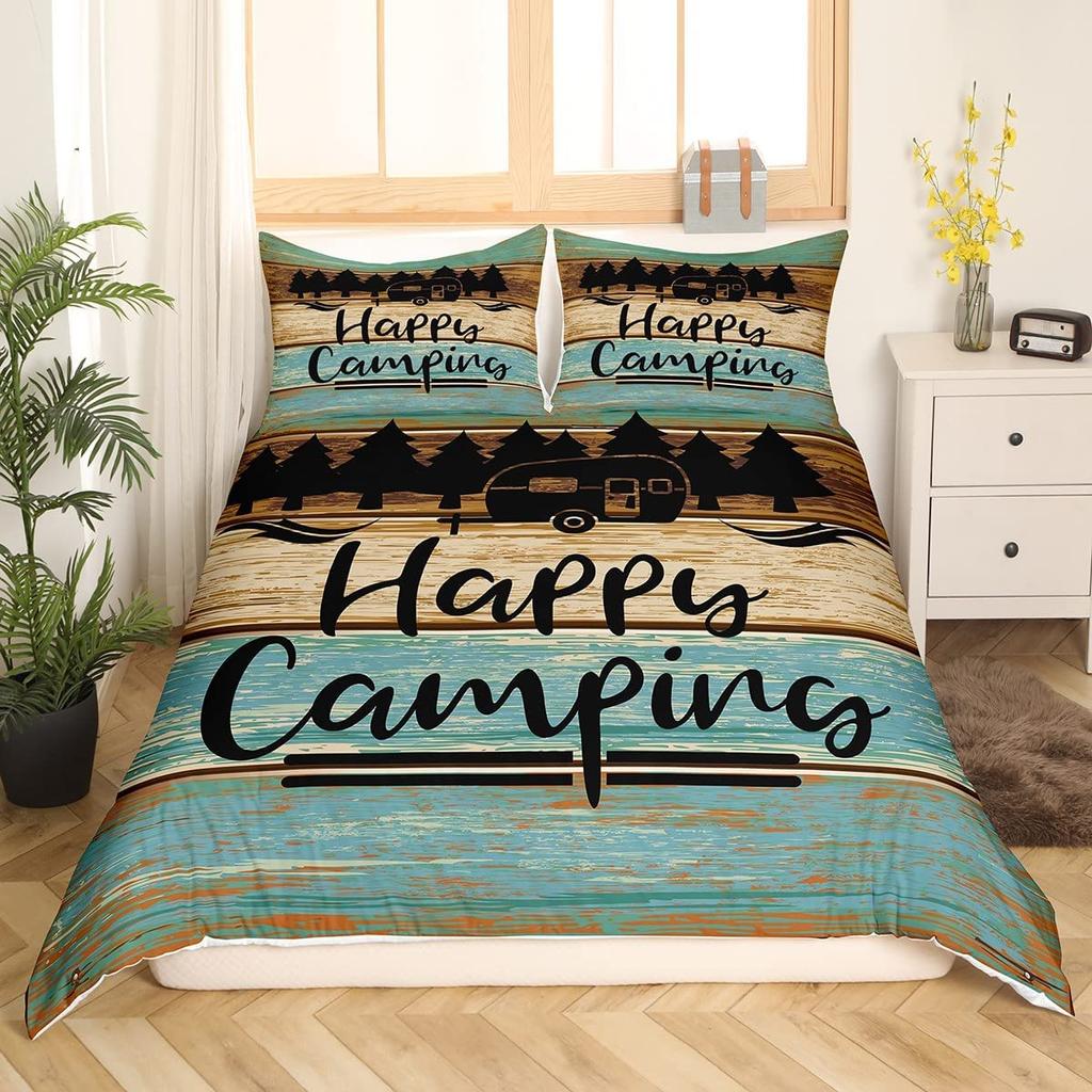 Happy Camping Comforter Cover King, Summer Camping Decoration Bedding For Boy Teens Family, Beach Vacation Style Duvet Cover Set