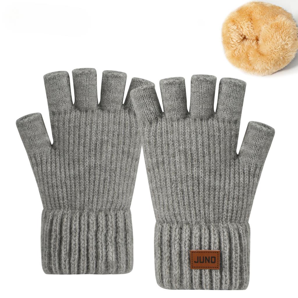 Thickened Leaky Finger Gloves In Autumn and Winter Plus Velvet Knitted Cold and Warm Half Part Writing Wool Double Layer Half Finger Gloves