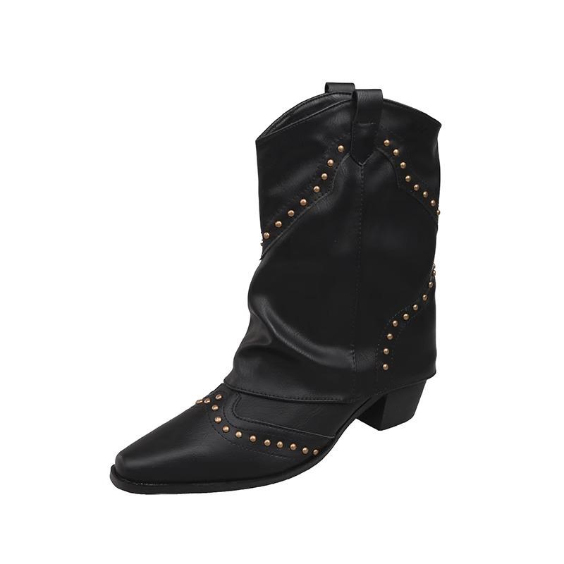Western cowboy boots thick heel short boots women's 2025 new autumn knight boots pointed rivets retro trouser boots