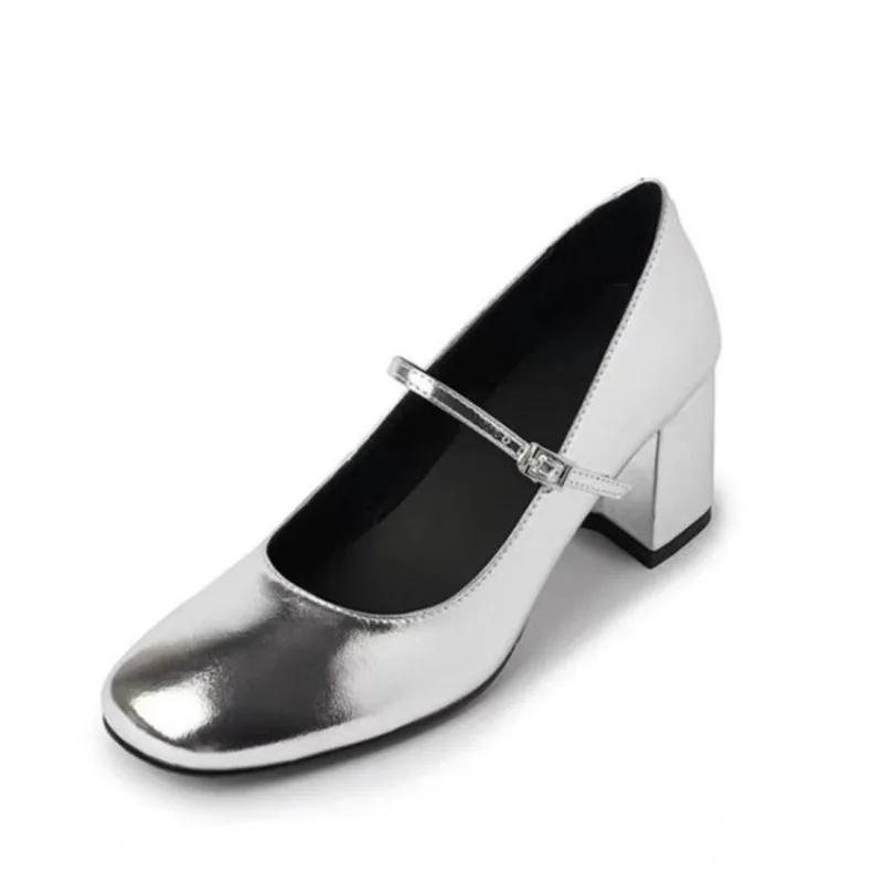Fashion French Soft Leather Thick Heeled Mary Jane Shoes for Women Spring/autumn Pumps Round Toe One Belt Buckle Shallow Office Shoe