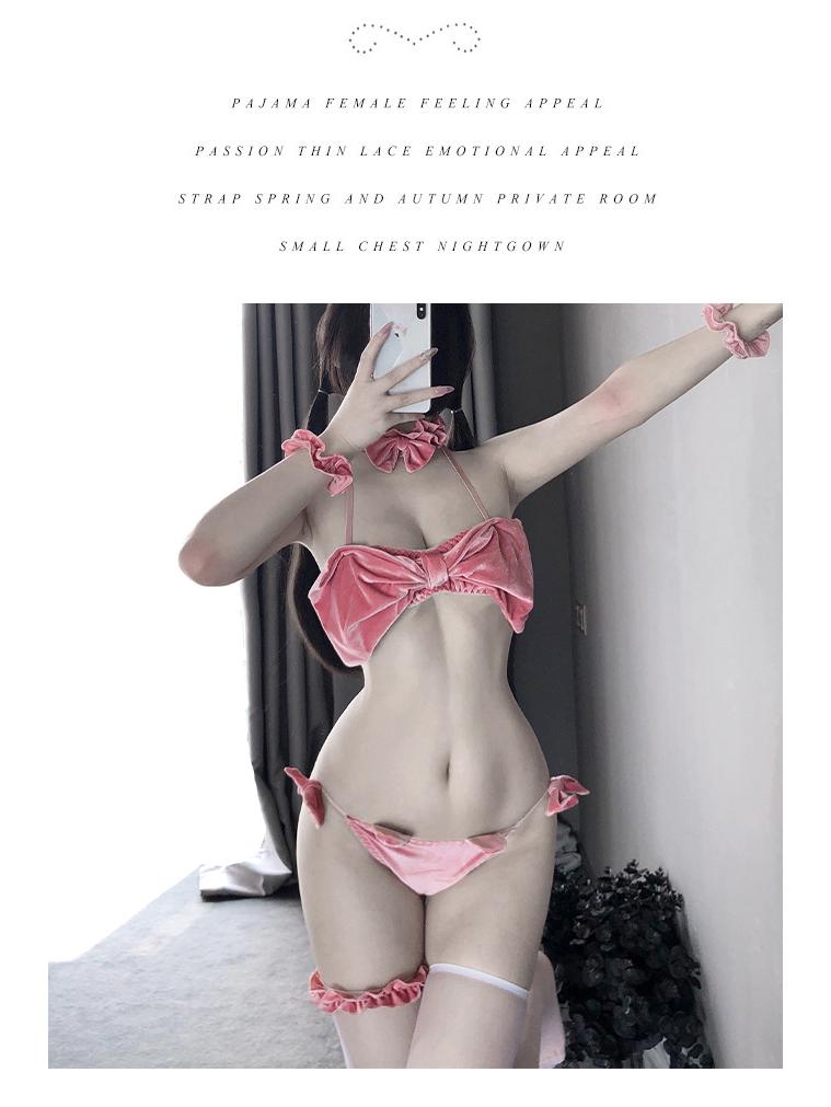 Lin Linting Seksowny Aksamitny Zestaw Bielizny Króliczka z Kokardką