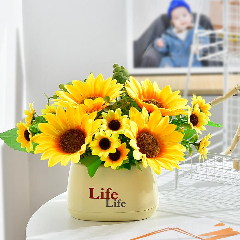 Sunflower Artificial Flower Arrangement - Small Potted Plants & Plastic Bouquets for Living Room and Dining Table Decor