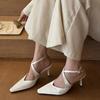 Mid Thin Heels Wedding Shoes For Bride Women's Pionted Toe Pumps 2025 New Style Cross Strap Party Satin Prom Dress Women Sandals