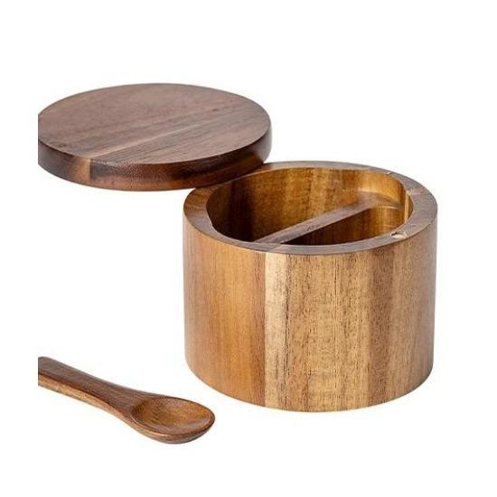 Akacjowe drewno Pojemnik na sól Pudełko na przyprawy Pojemnik na pieprz Z magnetyczną obrotową pokrywką Przechowywanie kuchenne Słoik na przyprawy Butelka na przyprawy Solniczka