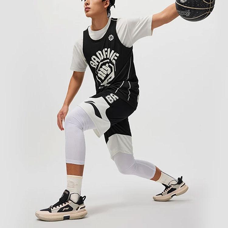 Li Ning Bad Five Spliced Letter Mid Waist Breathable Straight Leg Sports Shorts Men Shorts Black Off-White AAPU113-1