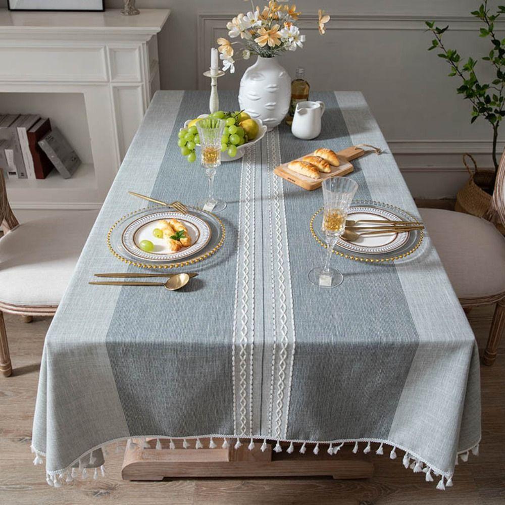 Tassel Edge Interweaving Grid Tablecloth Rectangular French Rustic Coffee Table Mat Washable Dust Cover Holiday Decoration Cloth