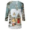 Women's Christmas Print V-Neck Three-Quarter Sleeve Loose Fit Casual Shirt for Everyday Wear