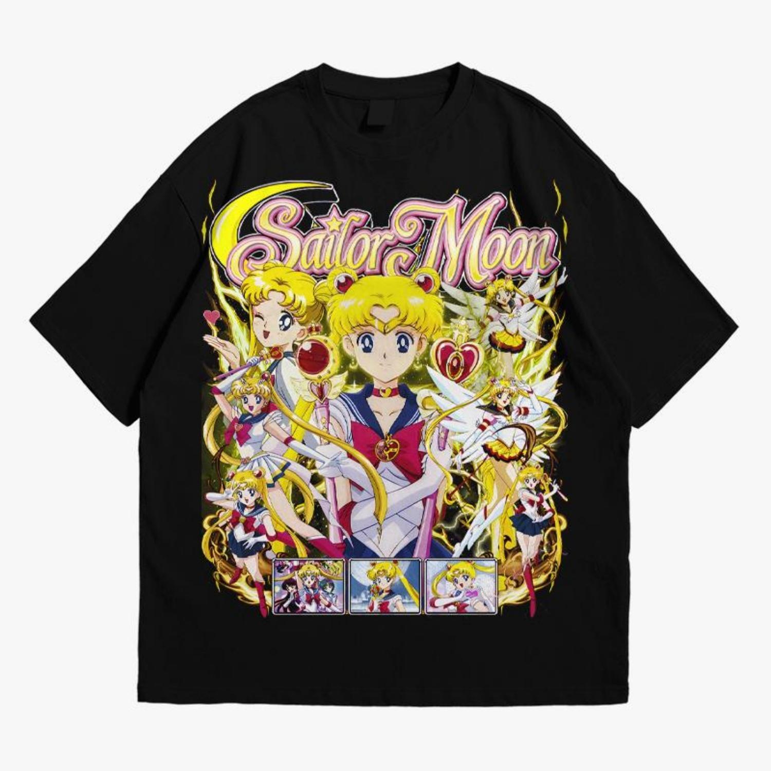 

Японская футболка Sailor Moon большого размера, мужская хлопковая футболка, лето, новинка, ретро, мужская и женская уличная одежда S чёрный