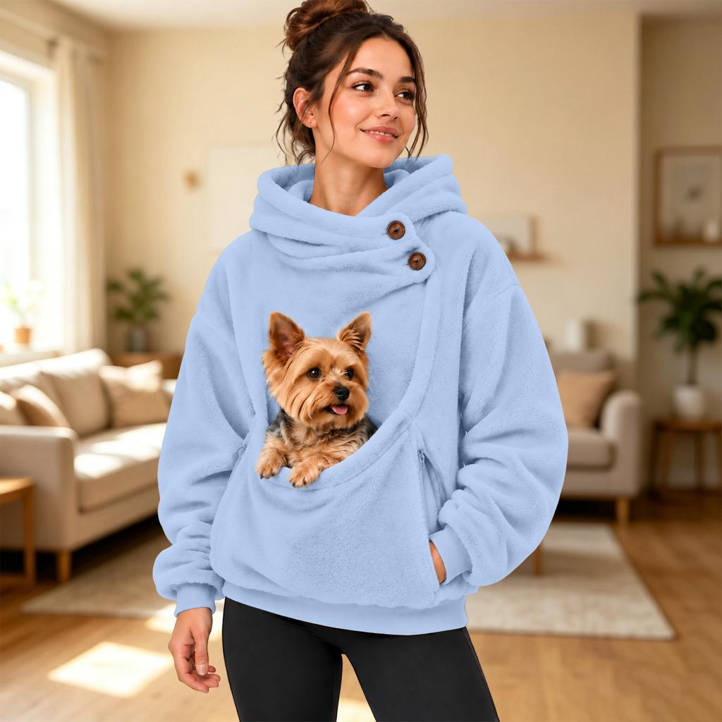 Women's Color Hooded Sweatshirt with Plush Pet Pouch, Loose Fit Zip Pullover Top for Casual Wear