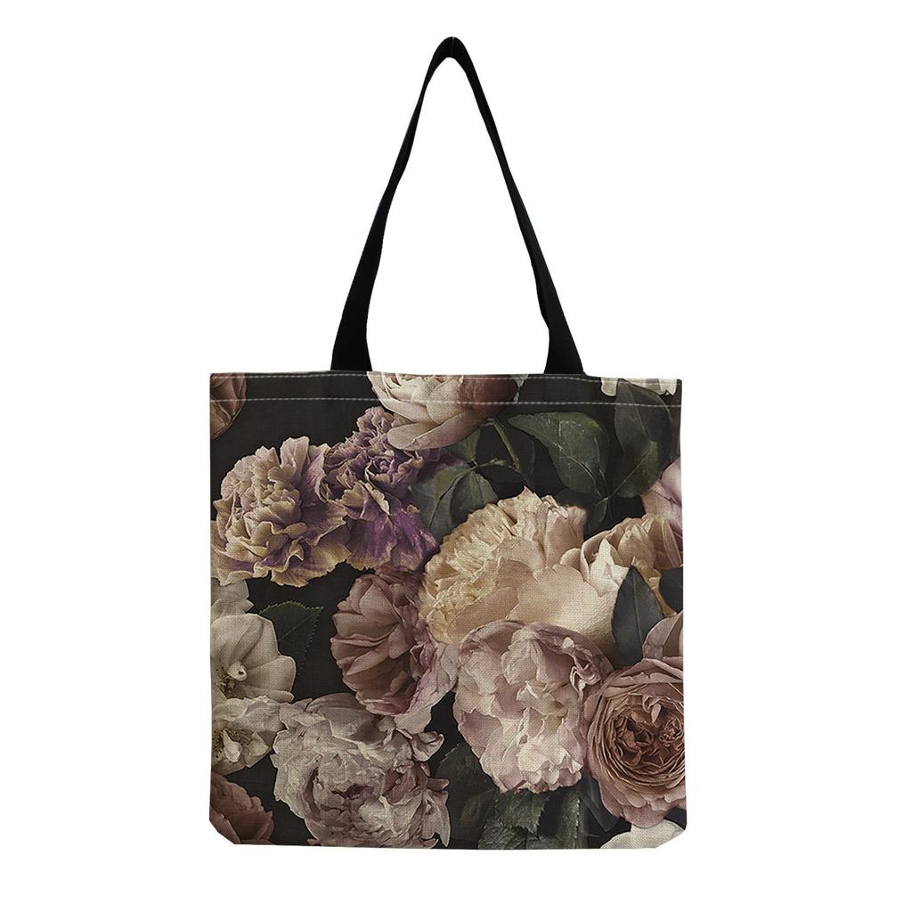 Women Vintage Linen Tote Bag - Large Capacity Flower Print Shoulder Handbag for Casual & Grocery Shopping KTB