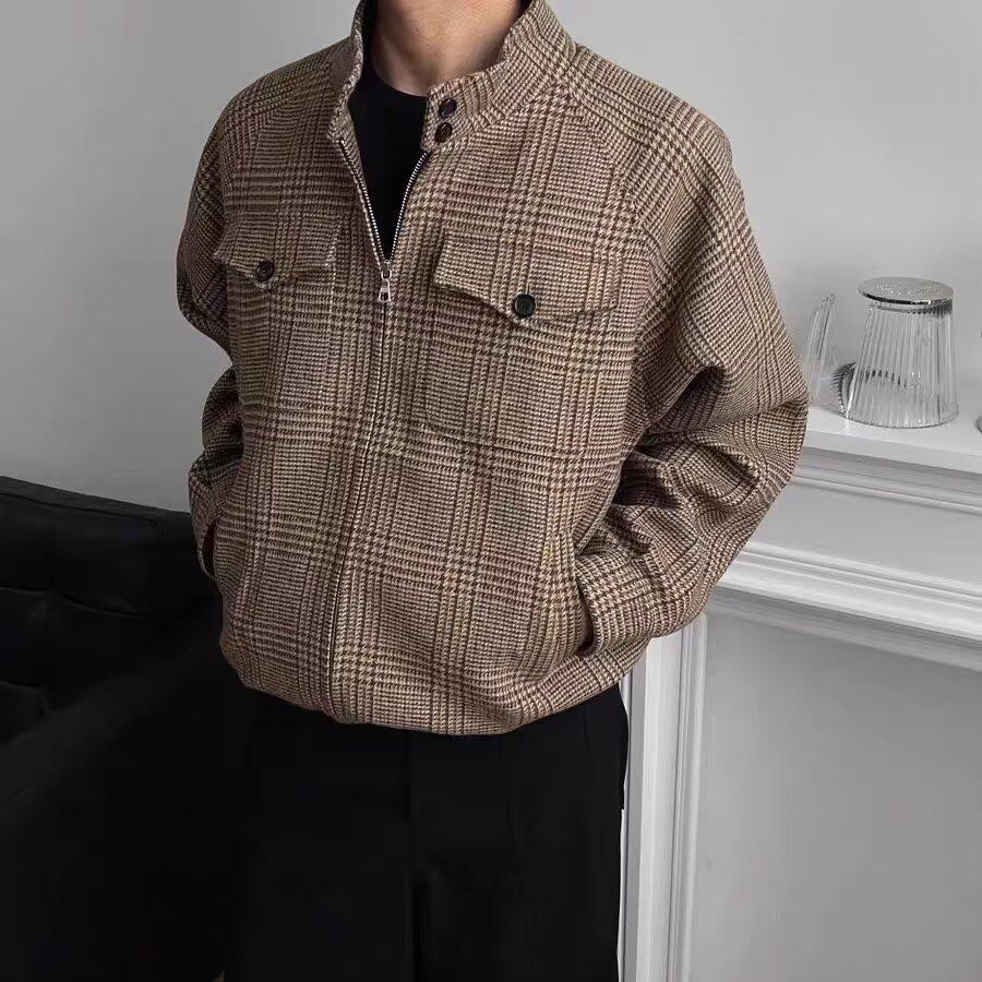 2025 Vlněná bunda Harrington s vzorem psí zuby - Unisex Ležérní Retro Americký styl Oblečení